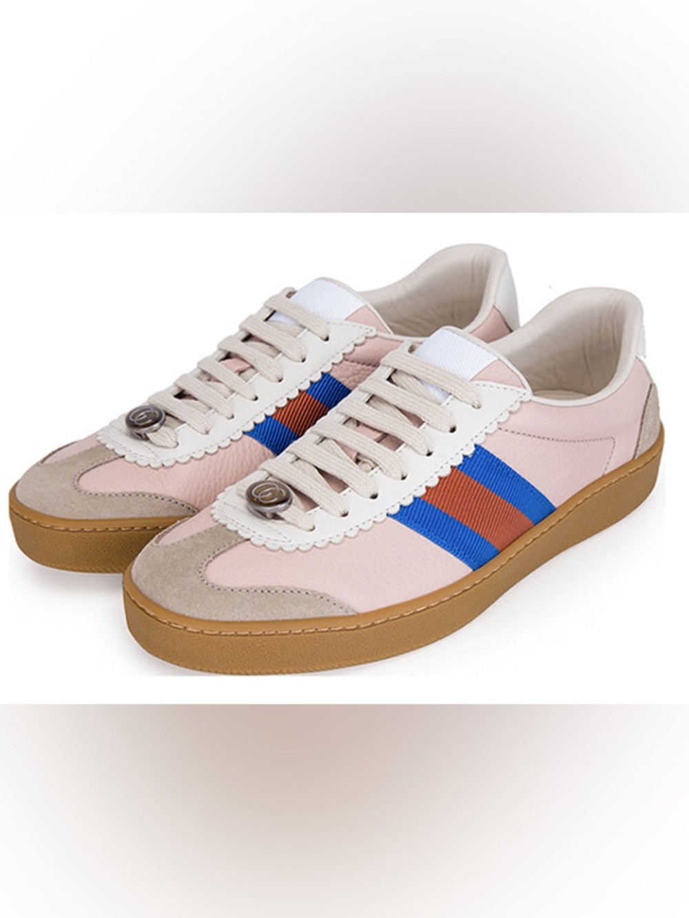 Gucci Pink Leather Sneakers with Blue & Red Web Stripe